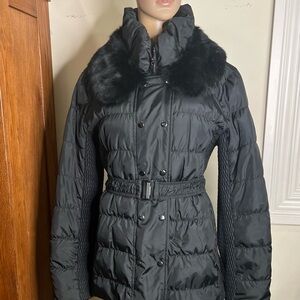 Via Spiga Black Belted Puffer Coat Jacket Rabbit Fur Removb Collar Down Fill XL